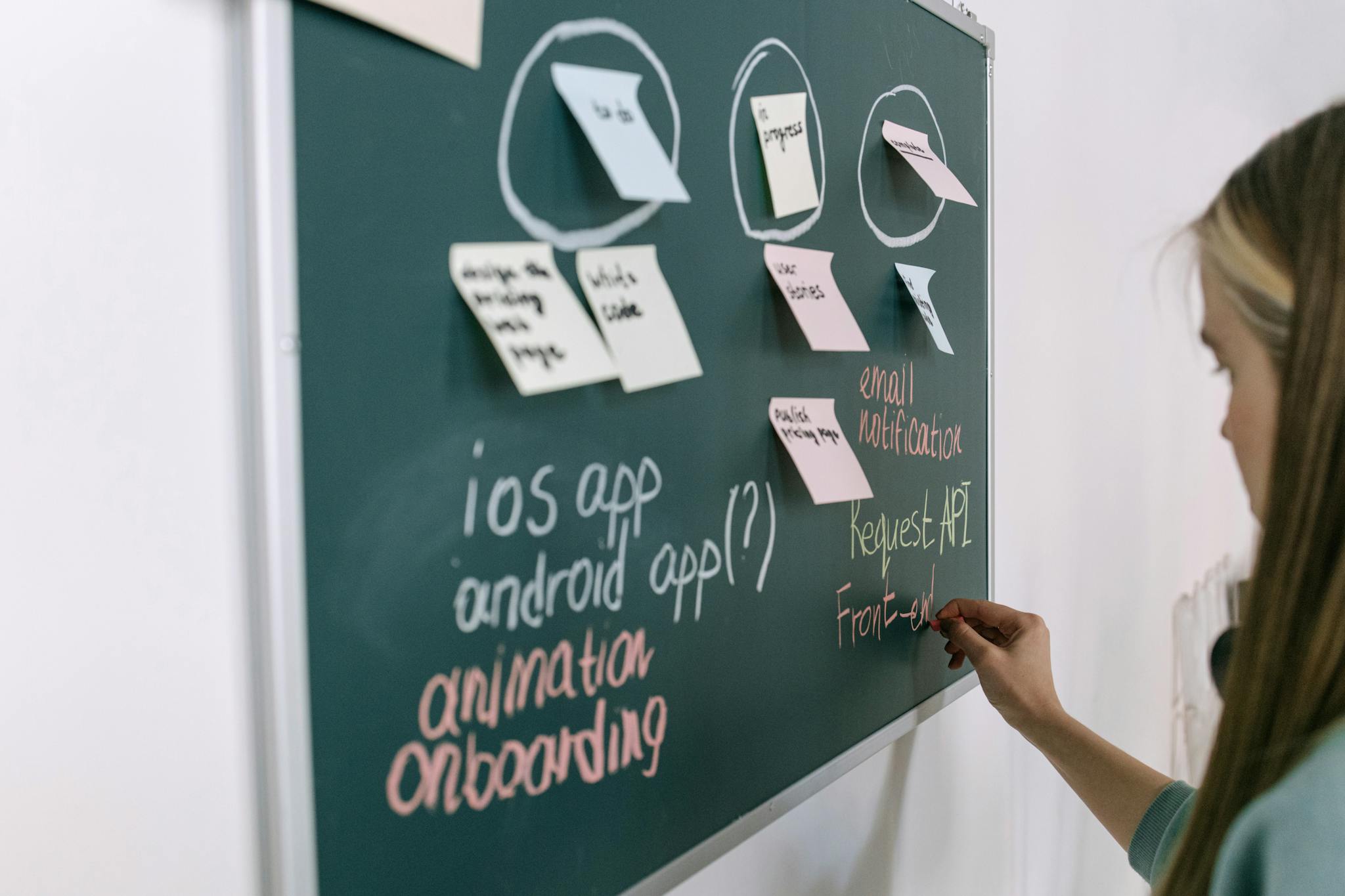 Woman writing on chalkboard during a brainstorming session in an office setting.